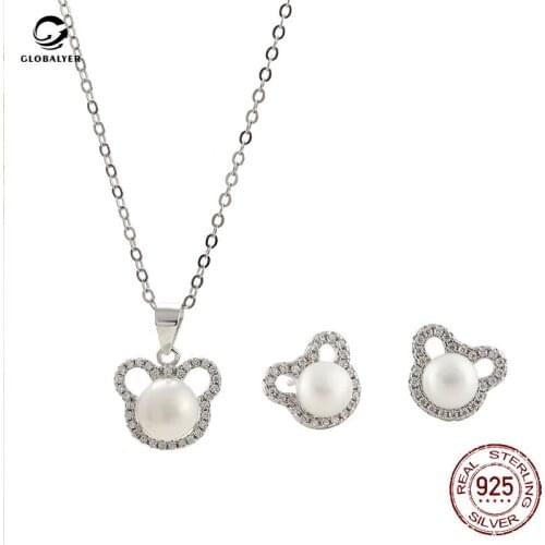 S925 sterling silver pearl suit DIY handmade Mickey pendant earrings necklace Ladies accessories Ladies birthday gifts 039
