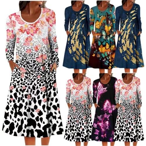 Women Floral Butterfly Leopard Print Long Sleeve O-Neck Pocket Boho Dress Spring Autumn Female Casual Dress vestido de mujer