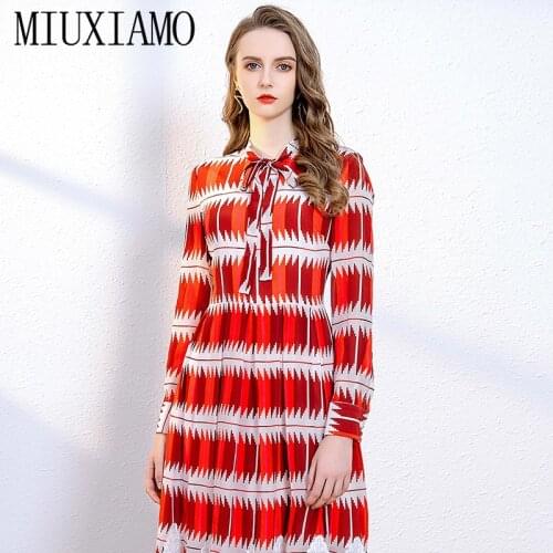 MIUXIMAO 2020 Summer Silk Dress Runway Design Ribbon Bow Casual Dress Women Print Lace Slim Vintage Dress Women Vestidos
