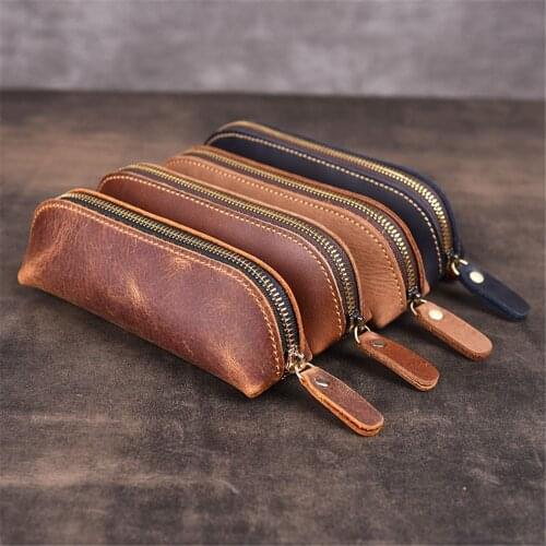 1pc Genuine Cowhide Leather Pencil Bag Vintage Pencil Case Pen Bag Pencil Storage Box Stationery Holder Office Accessories