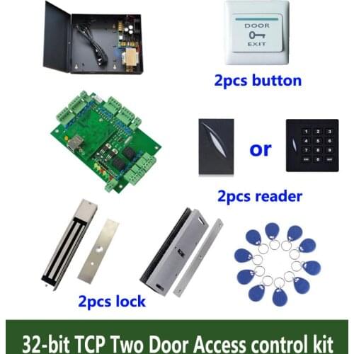 32-bit access control kit,TCP two door access control+power+280kg magnetic lock+U-bracket+ID reader+button+10 ID tag,sn:kit-T207