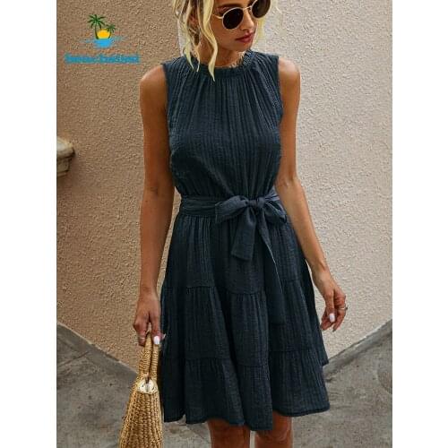 Bechsissi Womens 2021 Summer Solid Color Dress Tie Waist Sleeveless Sundress Round Neck Casual Soft Mini Dress For Woman