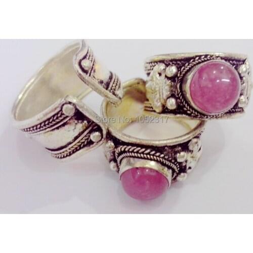 Free Shipping 10pcs High Quality Tibet Silver Carved Lace inlay Pink Crystal Bead Nepal Ring Adjustable Size