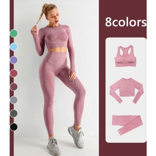 3PCS Seamless Women Yoga Set Workout Sportswear Gym Clothing Fitness Long Sleeve Crop Top High Waist Leggings Sports Suits Pink