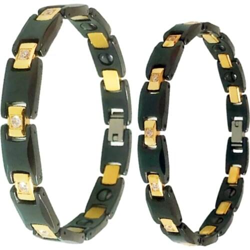 Black Ceramic Gold Stainless Steel CZ Couples Bracelets With Health Benefit Elements Magnetic Plated Womens Jewelry Men Bangle