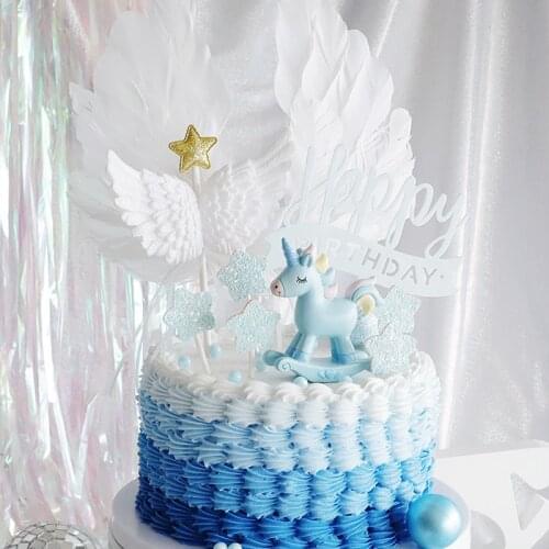 Birthday Happy Cake Topper Pink Blue Unicorn White Wing Decoration Cakes Dessert Girls Baby Favors Party Wedding Decoratio