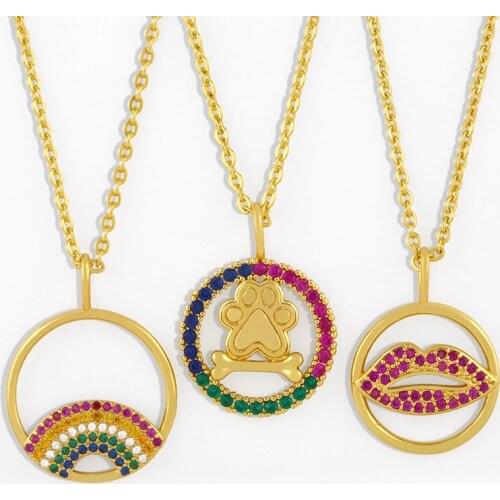 FLOLA Round Paw Lip Necklace For Women Crystal Rainbow Necklace Pendant CZ Cubic Zirconia Gold Chain Jewelry Women Gifts nkes19
