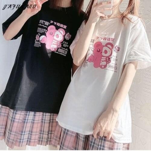 Gothic Graphic T Shirts Women Bear Print Japanese Style Alt Clothes Aesthetic Black Top Female Harajuku Tee Shirt