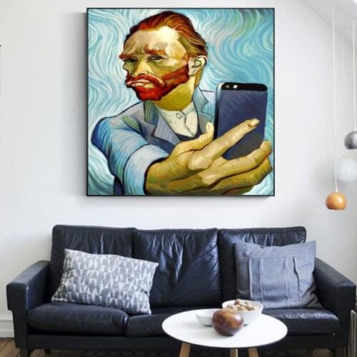 Van Gogh Selfie By Phone Art Canvas Print Painting Funny Morden Living Room Abstract Wall Picture Home Decoration Poster