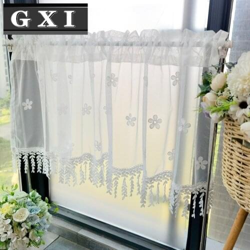 White Pearl Short Sheer Curtains for Kitchen Cafe Lace Tassel Net Sliding Glass Door Patio Window Drape Panels
