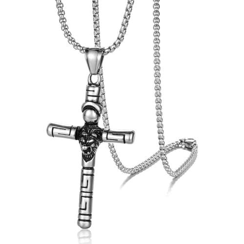 Punk Stainless Steel Lion Cross Pendant Necklaces for Men Rock Jewelry Drop Shipping