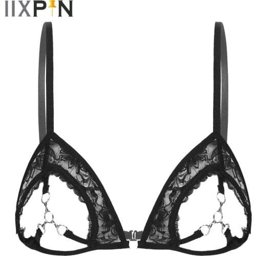 Lingerie Open Cup Sheer Lace Bra Top for Sexy Womens Sexy Sleepwear See Through Sheer Bra Top with Metal Rings Linked at Bust