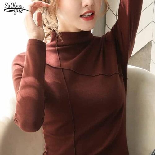 Autumn Long Sleeve T-shirt Plus Size Solid Slim Half-high Collar Bottoming Shirt Women Tops Bright Line Pullover Blouse 11218
