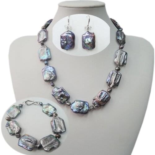 Square baroque Black freshwater PEARL JEWELRY SET NECKLACE,Bracelet and EARRING-925 silver earring hook,big pearl size 17x21mm