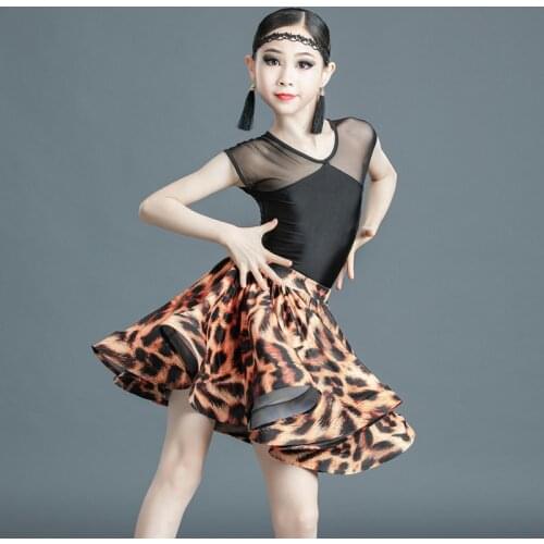 Girls Latin Dresses for Dancing Ballroom Dance Dress Rumba Samba Leopard Print Children Samba Cha Cha Tango Skirt Standard Salsa