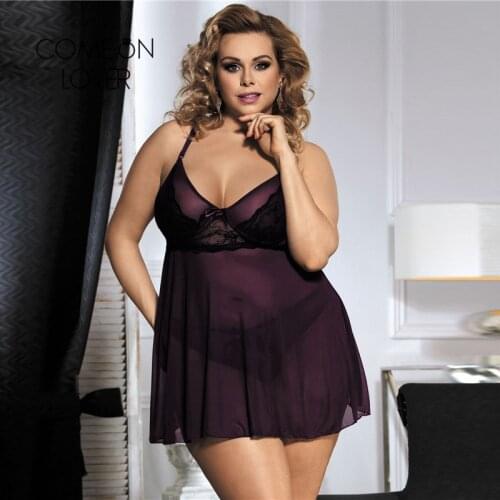 Comeonlover Women Sexy Plus Size Babydoll Lace Exotic Apparel Pajamas Sleepwear Backless Women Purple Mini Lingerie RI80274