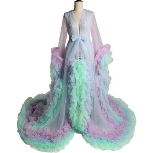 Rainbow Maternity Dresses Tiered Skirts Ruffles Maternity Gown for Photoshoot Boudoir Morning Robe Bathrobe Nightwear