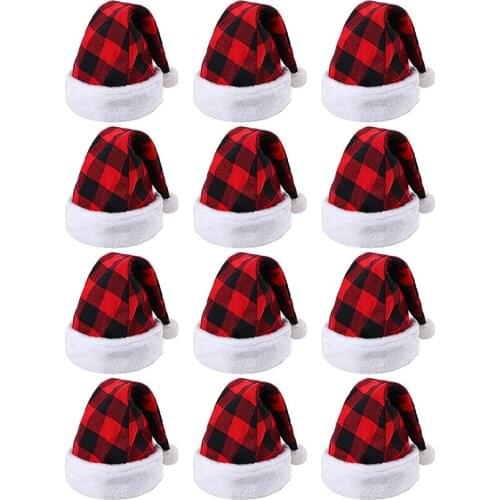 Christmas Santa Hat Red and Black Plaid Santa Hat Luxury Plush Hat for Christmas Costume Party and Holiday Event,12 PCS