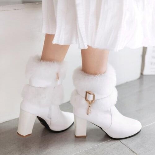 PXELENA Beads Buckle Fur Bride Wedding Boots Women Shoes White Pink Beige Square Chunky Block High Heels Ankle Snow Boots Warm