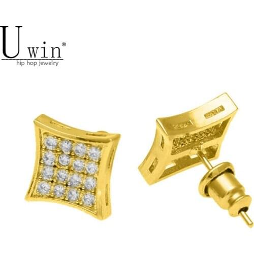 UWIN Zircon Mens Stud Earrings Copper Material Gold color Color Square Earrings For Women Fashion Hip Hop Jewelry 10mmx10mm