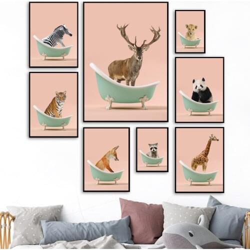 Bathtub Animals Lion Giraffe Zebra Deer Wall Art Canvas Painting Nordic Posters And Prints Wall Pictures For Bedroom Baby Decor