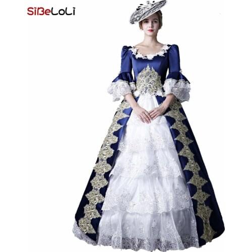 Victorian Rococo Costume Dress Vintage Cosplay Dress Party Long Dress Navy Blue Victorian Dress