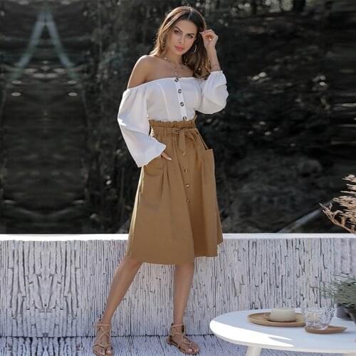 Lactic Summer Womens Casual High-Waist Pleated Single-Breasted A-Line Mid-Length Skirt With Pockets