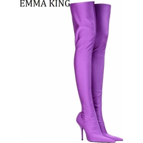 Woman Purple Over The Knee Boots Luxury Stylish Cloth Stiletto Thigh High Heels Slip-On Elastic Boots Neon Stretch Sock Boots