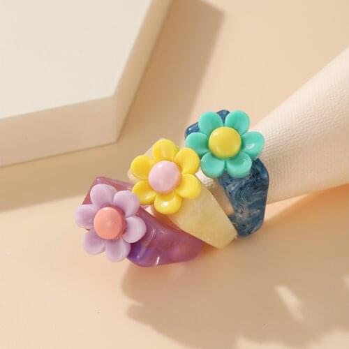 2021 New Korean Summer Resin Rainbow Colorful Yellow Smiley Sunflower Flower Heart Rings For Women Party Aesthetic Jewelry Gifts
