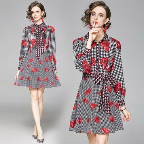 2021 New Spring/Autumn Long Puff Sleeve Turn-down Collar Shirt Dress Vestido Feminino Design Print England Style French Dress