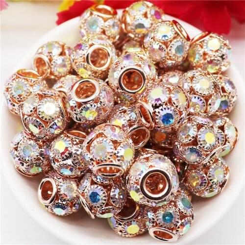 10Pcs Round Loose Beads Rose Gold CZ Micro Pave Setting Disco Ball Spacer Beads Crystal Bracelet Charm Beads for Women Jewelry