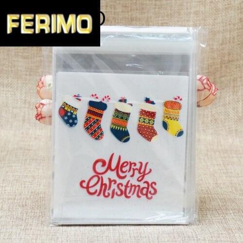 2020 50pcs Colorful Christmas Socks Plastic Cookies Packaging Bags Xmas Self Adhesive Gift Bag Candy Biscuit Pouch Party Decor