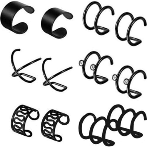 6pair/set Gold /Black Ear Cuffs Clip Earrings for Women No Piercing Fake Cartilage Earrings Titanium Steel Earrings Men Jewelry