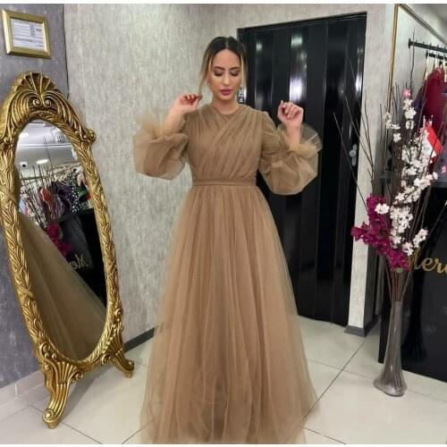 Elegant Muslim Long Sleeve O-Neck Prom Dresses with Pockets Zipper Back Robe De Soiree Floor Length Tulle Formal Party Gown