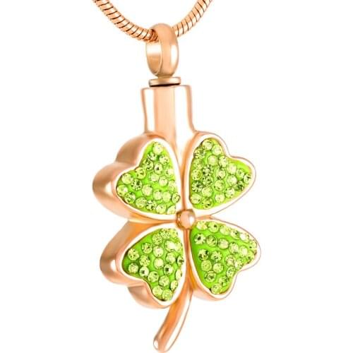 IJD8220 Four Leaves Clover Cremation Necklace Women Charm Stainless Steel Keepsake Jewelry Ashes Urn Pendant with Green Crystal