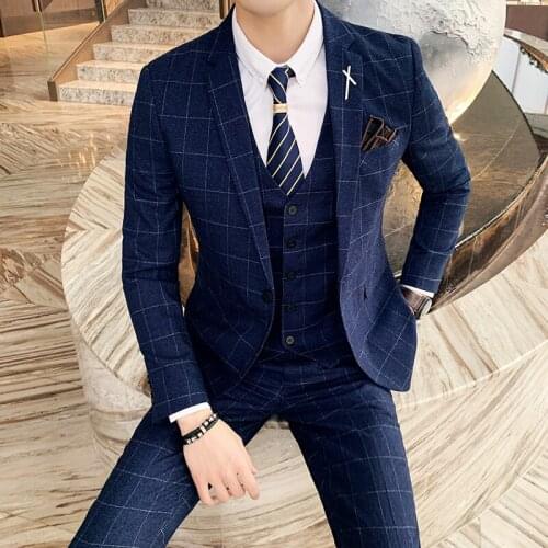 Suit Vest Pants New Mens Weeding 3 Piece Sets / Male Gentleman Business Slim Fit Blazers Jacket Trousers Coat Plaid Waistcoat