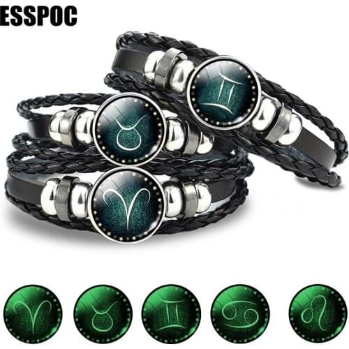 12 Constellation Punk Bracelet Men Leather Bracelet luminous Charm Bracelets for Men Boys Women Girl Zodiac Jewelry Gifts