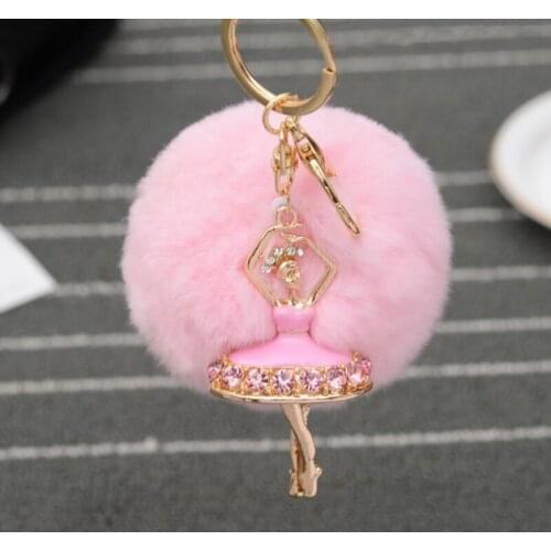 JINGLANG Lobster Clasp Metal Keyring Dangle Dancing Girls Rabbit Fur Gold Color Charms Keychains For Women Handbag Jewelry
