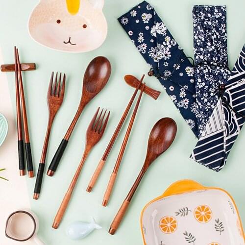 Reusable Wood Cutlery Set WoodenCutlery Flatware with Bags/Dinnerware Spoon Fork Chopsticks Portable Dinnerware Set Chinese Gift