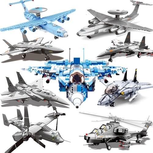 Avion Military A Airplane Set Armed Helicopters Battle Fighter Model Building Block Brick Transport Plane Jets Gunship technique