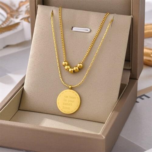 316L Stainless Steel Fashion Fine Jewelry 2-Layer Beaded Round Carving Couple Charms Chain Choker Necklaces Pendants For Women
