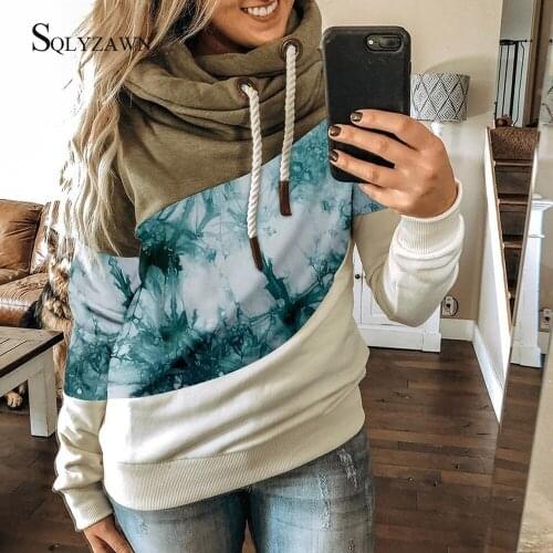 Autumn Winter Pocket Hoodies Sweatshirts Gradient Print Patchwork Hooded Sweatshirt Women Drawstring Long Sleeve Harajuku Hoodie