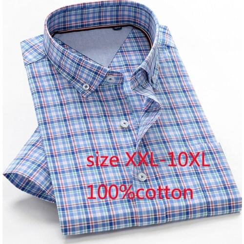 2019new Arrival Men Short Sleeve Summer Super Large Thin 100%cotton Dress Shirts Casual Plaid Single Breasted Plus Size XXL-10XL