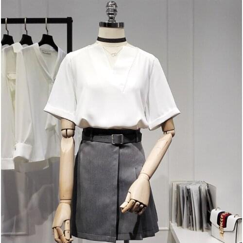 Womens Spring Autumn Runway Fashion White Chiffon Shirt Female V Neck Casual Loose Office Lady Basic Blouse Tees Tops TB1681