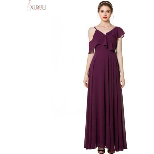 Purple Chiffon Long Bridesmaid Dresses 2019 Elegant Wedding Party Guest Gown V Neck Sleeveless vestido madrinha