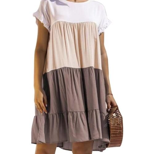 Women Summer Ruffles Short Sleeve Color Block Swing Midi Tunic Dress Pleated Flared Hem Crew Neck Casual Loose Beach S-2XL