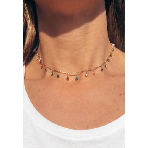 Chic Vintage Colorful Crystal Short Pendant Necklace Women Color Beads Bead Classic Choker Necklaces Jewelry bijoux femme