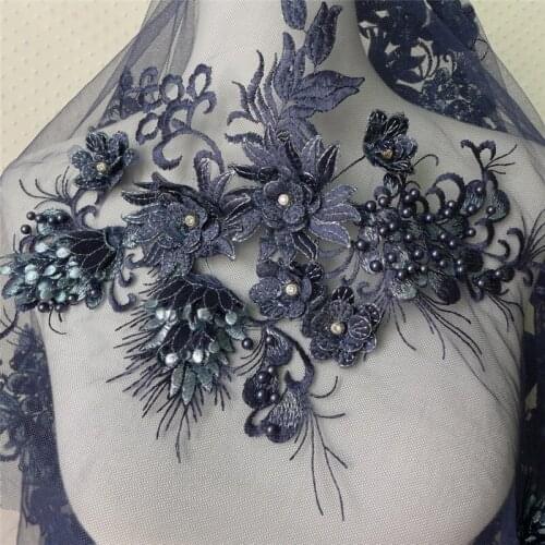 1PC / 1Pair Exquisite 3D Blossom Beaded Pearl Mesh Lace Applique With Rhinestone Lace DIY Sewing Trims 30*21cm
