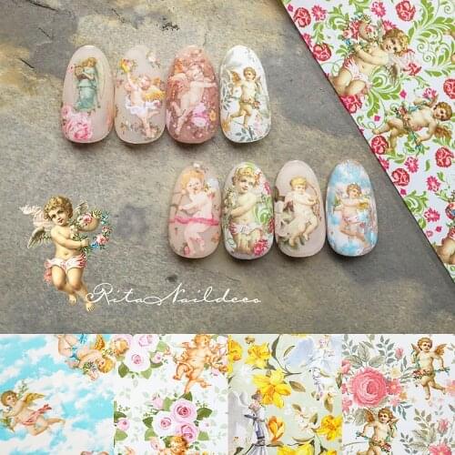 10 Sheets Vintage Angel Nail Foils for Transfer Paper Stickers Love Sliders Adhesive Nails Wraps Flower Nail Art Decorations