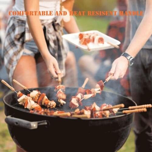 10PCS 30cm BBQ Skewers Stainless Steel Camping Grill Sticks Set With Wooden Handles Reusable For Vegetables Meats